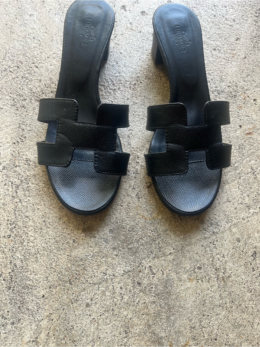 Hermes Black Leather H Sandal Mules